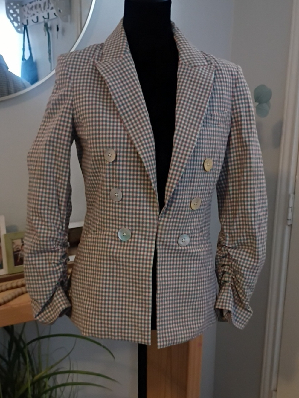 Veronica Beard Checkered Double-Breasted Blazer in Beige and Light Blue